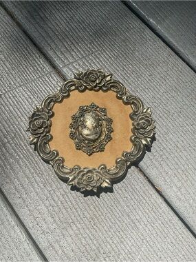 Vintage brass floral velvet cameo wall hanging E.B. RIBA CO. Brooklyn NY